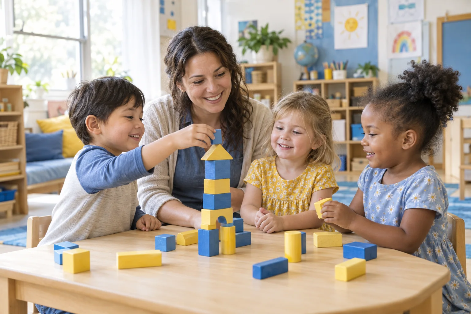 Illustrative preschool scene: a teacher and three children building with colorful blocks.
