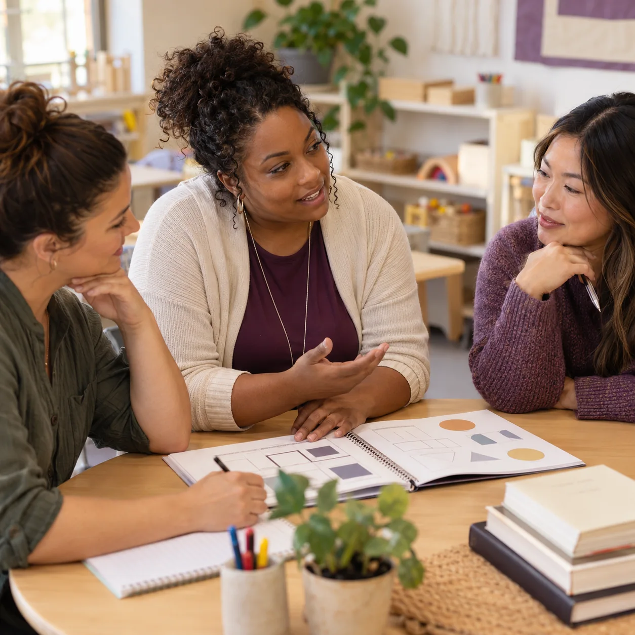 Adult colleagues discussing a training workbook around a table