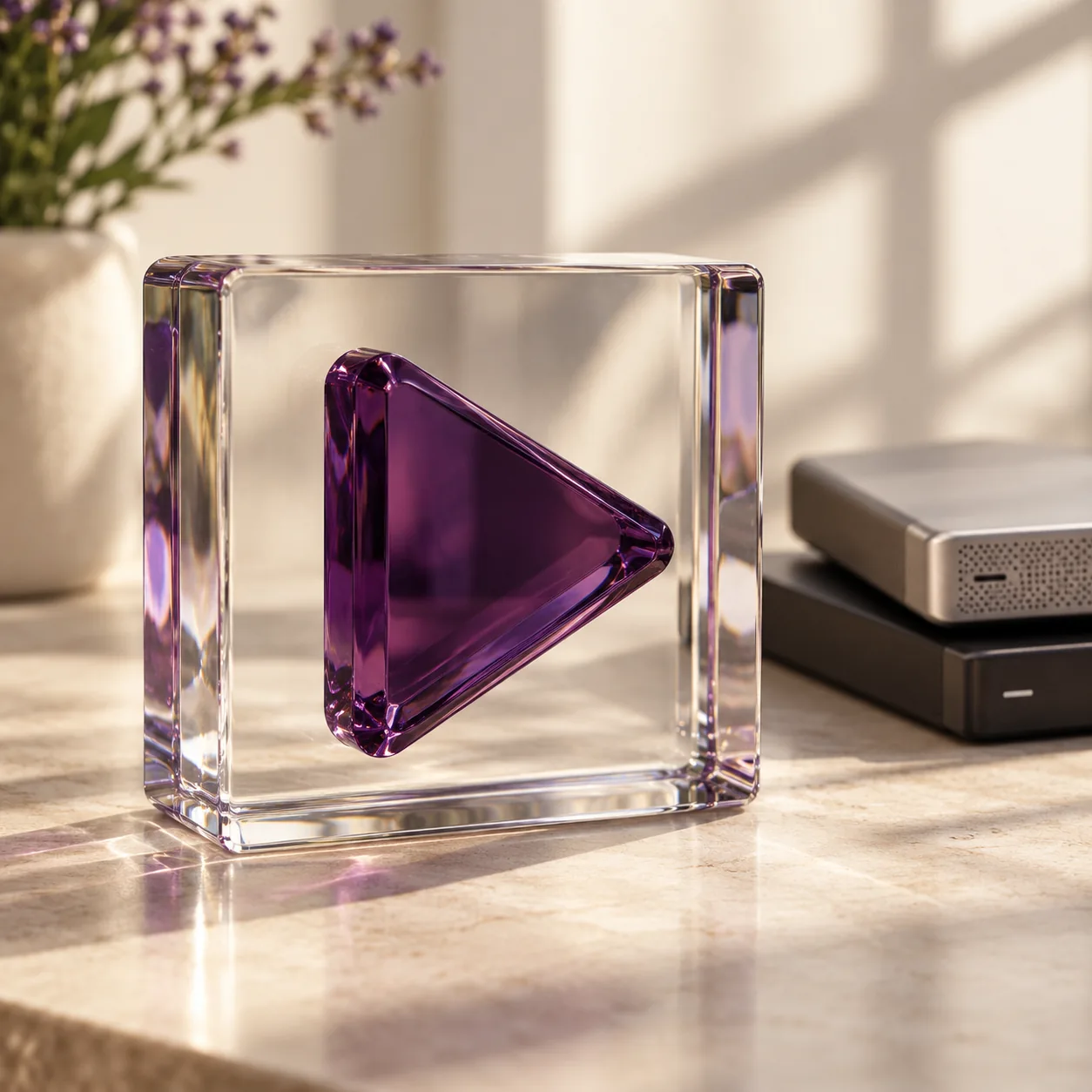 Purple glass play symbol with video storage drives